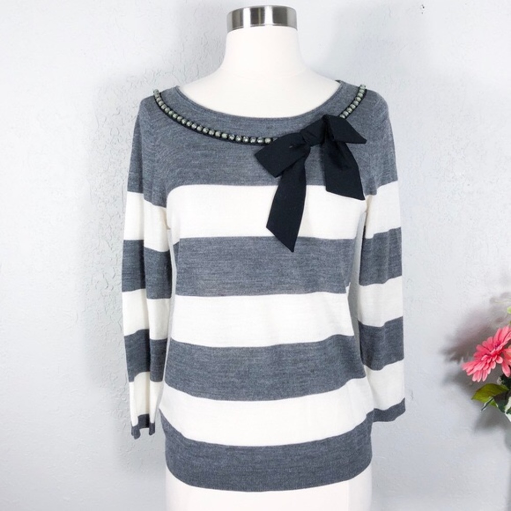 LOFT Striped Rhinestone Bow Sweater - Picture 1 of 4